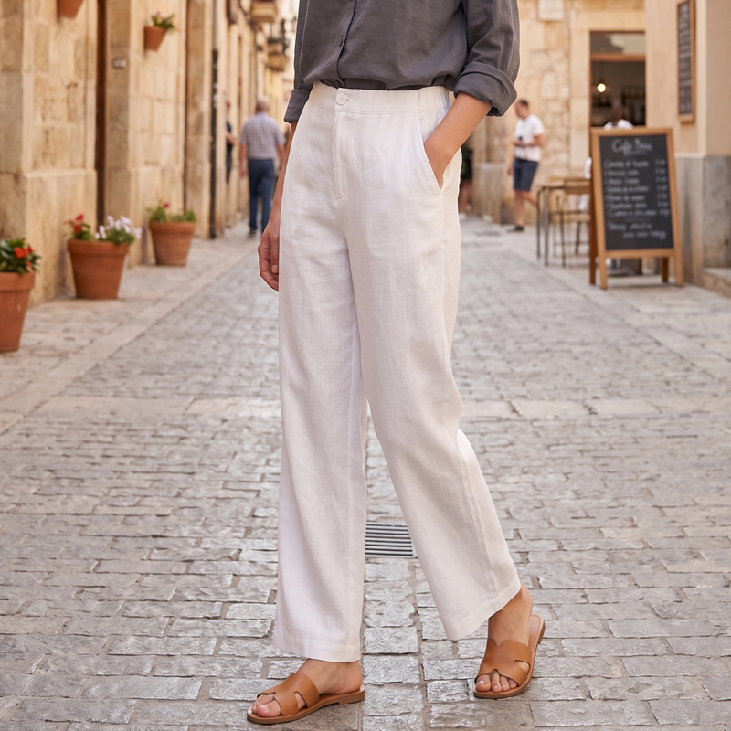 Lulu Yobe Summer Cropped Pants for Petite Figures, Slim Straight-Leg Pants, 100% Pure Linen, High-Waisted Casual Pants, Breathable