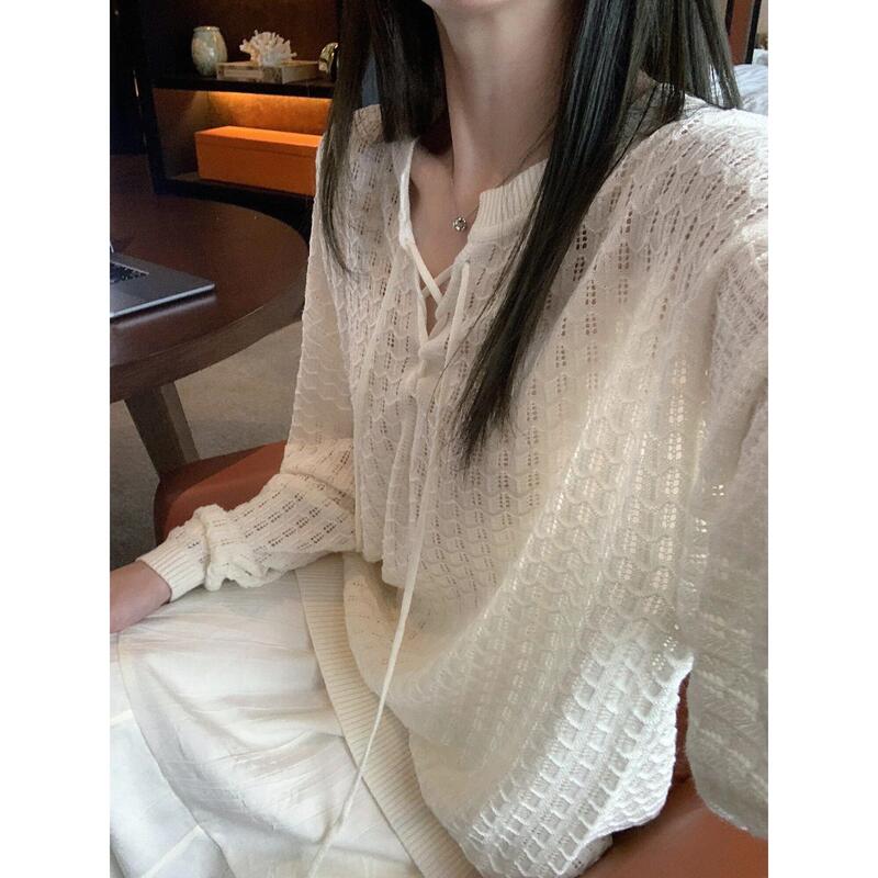 2026 New Year's Lazy Style with a Clear and Airy Feel, Hollow-Out Lace-Up Knitwear, Long-Sleeved Simple and Gentle Loose Sweater for Spring and Autumn