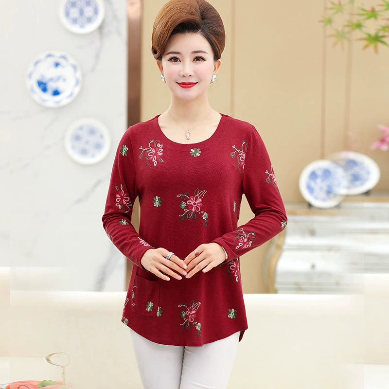Áo sơ mi nữ trung niên mùa xuân và mùa thu áo rộng kích cỡ lớn cho mẹ trung niên áo thun dài tay áo sơ mi nữ ở phần dài