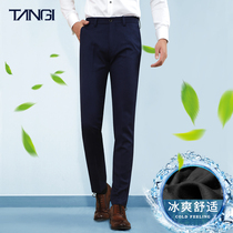  Ice silk trousers mens business casual thin stretch mens non-perm formal pants slim-fit small feet straight suit pants