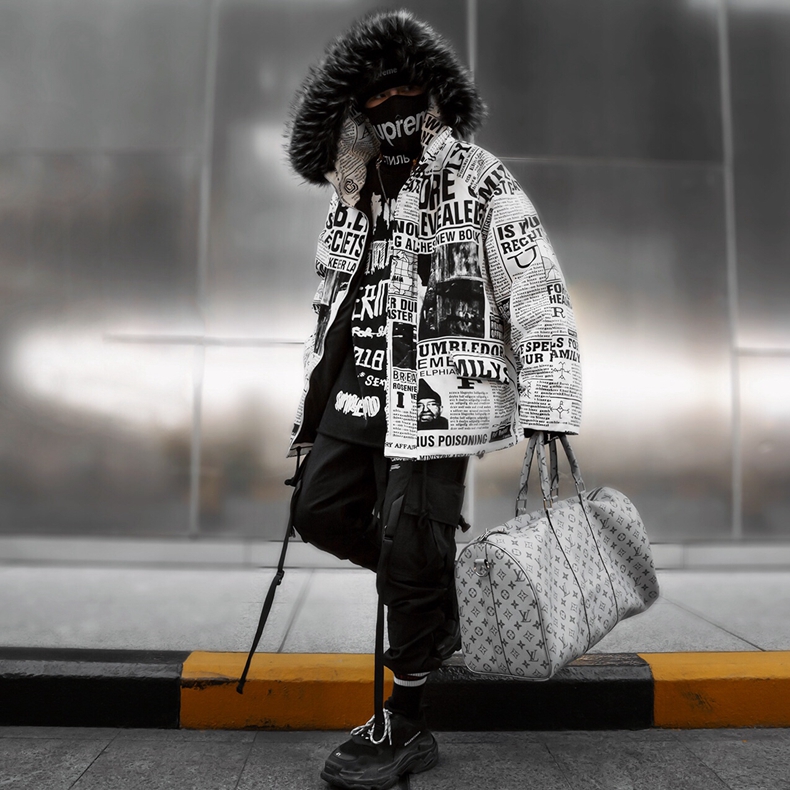 KING báo khắc núi khắc quần áo cotton thời trang đường phố cặp vợ chồng hip hop mùa đông oversize nam và nữ áo bông dài áo khoác nam kaki