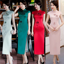 2021 new spring and summer daily cheongsam skirt retro long cheongsam slim elegant tea will embroider cheongsam women