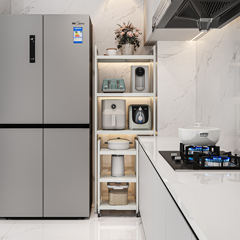 Kitchen Gap Refrigerator Side Storage Rack, Floor-Standing, Extendable Divider, Adjustable Height, Corner Triangular Appliance Storage