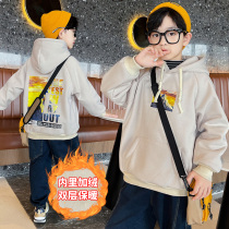 Boys winter clothes plus velvet padded padded childrens hooded jacket 2021 new middle and big childrens velvet sweater boys foreign tide