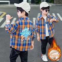 Boy plus velvet plaid shirt spring and autumn childrens coat 2021 new childrens clothing middle childrens shirt foreign autumn