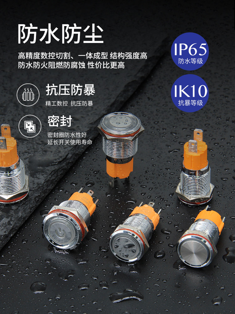 16 19mm High Current 10A Metal Push Button Switch Small Round Self-Locking Reset with Light 9 24 220V