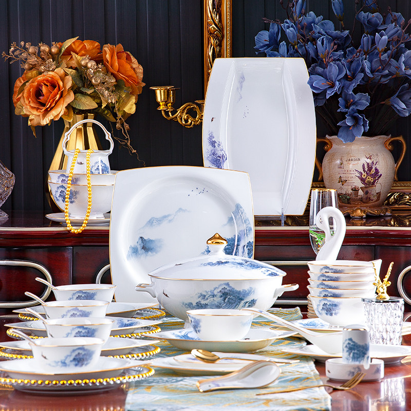 Dish suit Home New Chinese modern light lavish cutlery Jingdezhen Ceramic bone Porcelain Tableware Suit Bowl tray Joe accommodate