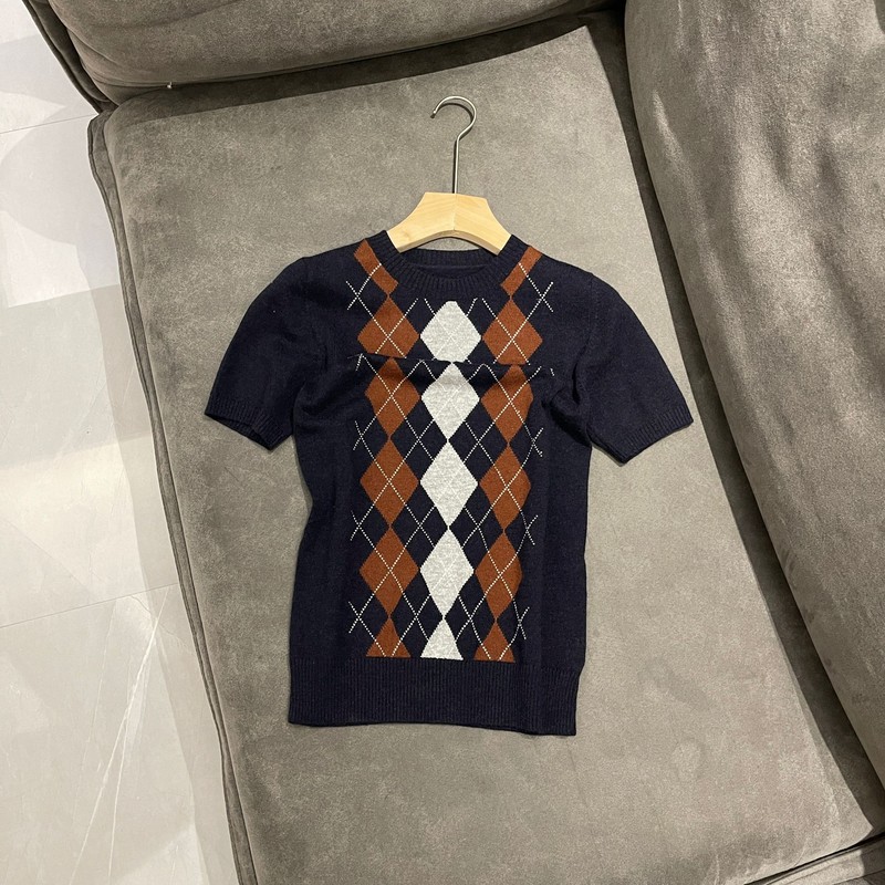 Miu Intellectual Argyle Pattern Preppy Style Knitwear Soft and Skin-Friendly Wool Short-Sleeved Women's British Style Top
