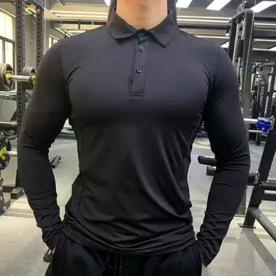 Autumn fitness clothes men's long-sleeved sports lapel POLO shirt elastic quick-drying tights Personal trainer work clothes customization