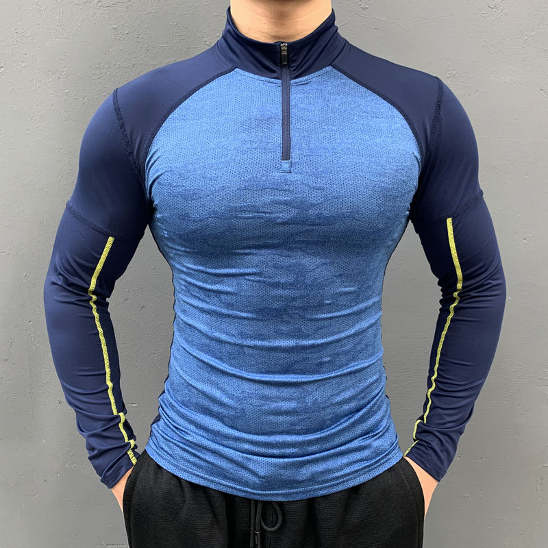 Zipper sports long-sleeved men's spring and Autumn elastic quick-drying tights Fitness running training clothes Personal trainer work clothes