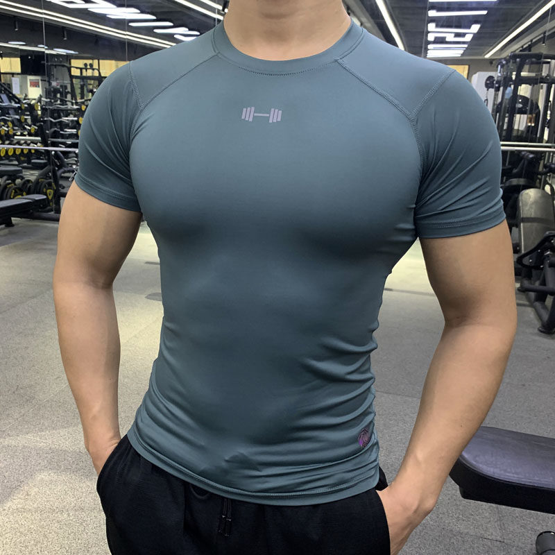 Tight Fit Men Sports Elastic Speed Dry Suction Perspiration Short Sleeves Fitness Running Training T-shirt Private Coaching Workwear