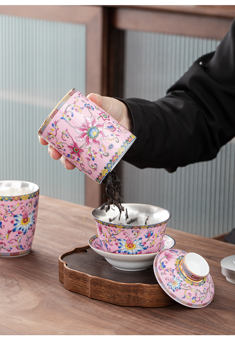 Colored enamel fate coppering. As silver cup kung fu tea set jingdezhen ceramic tea tureen household silver cup