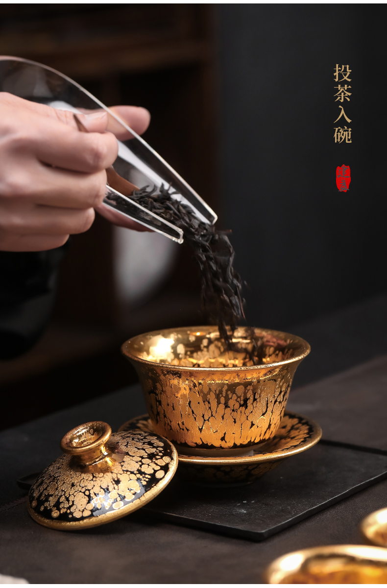 Build light oil droplets kung fu tea set tea set gold yellow marigold gold tea tureen suit with 24 k gold cup