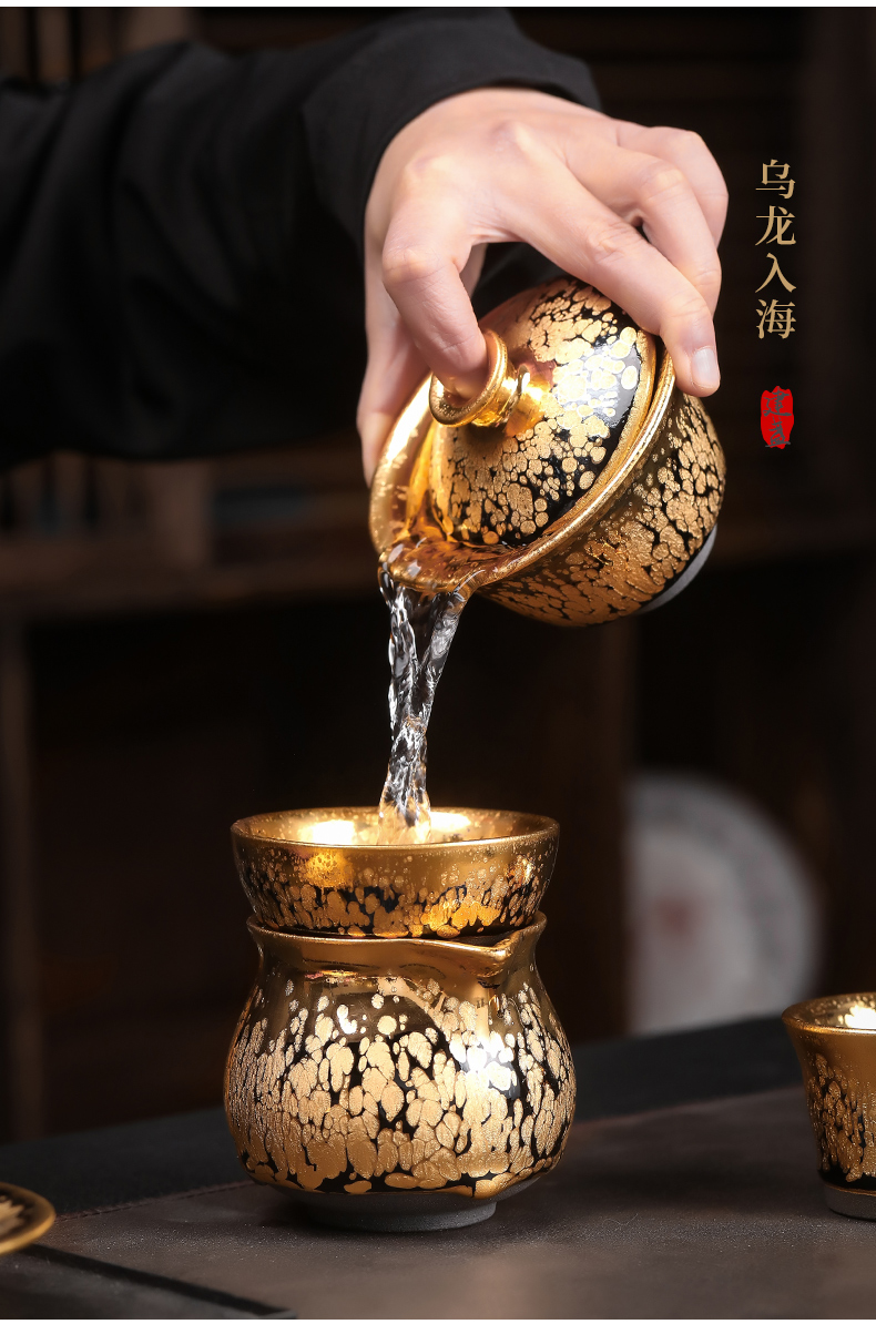 Build light oil droplets kung fu tea set tea set gold yellow marigold gold tea tureen suit with 24 k gold cup