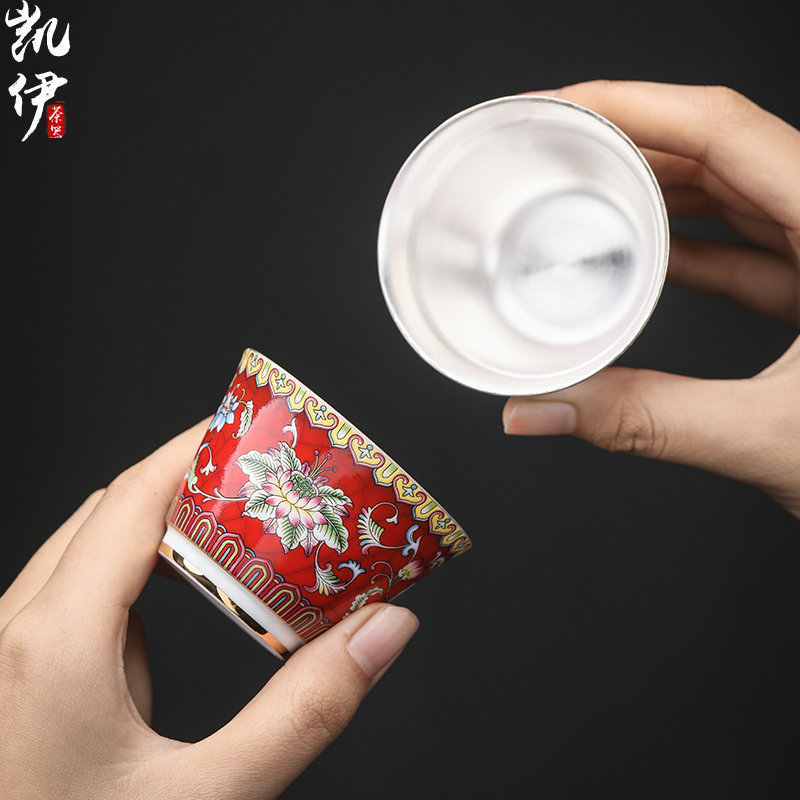 Colored enamel coppering. As 999 silver cup kung fu tea set sample tea cup of jingdezhen ceramic tea cup silver cup home