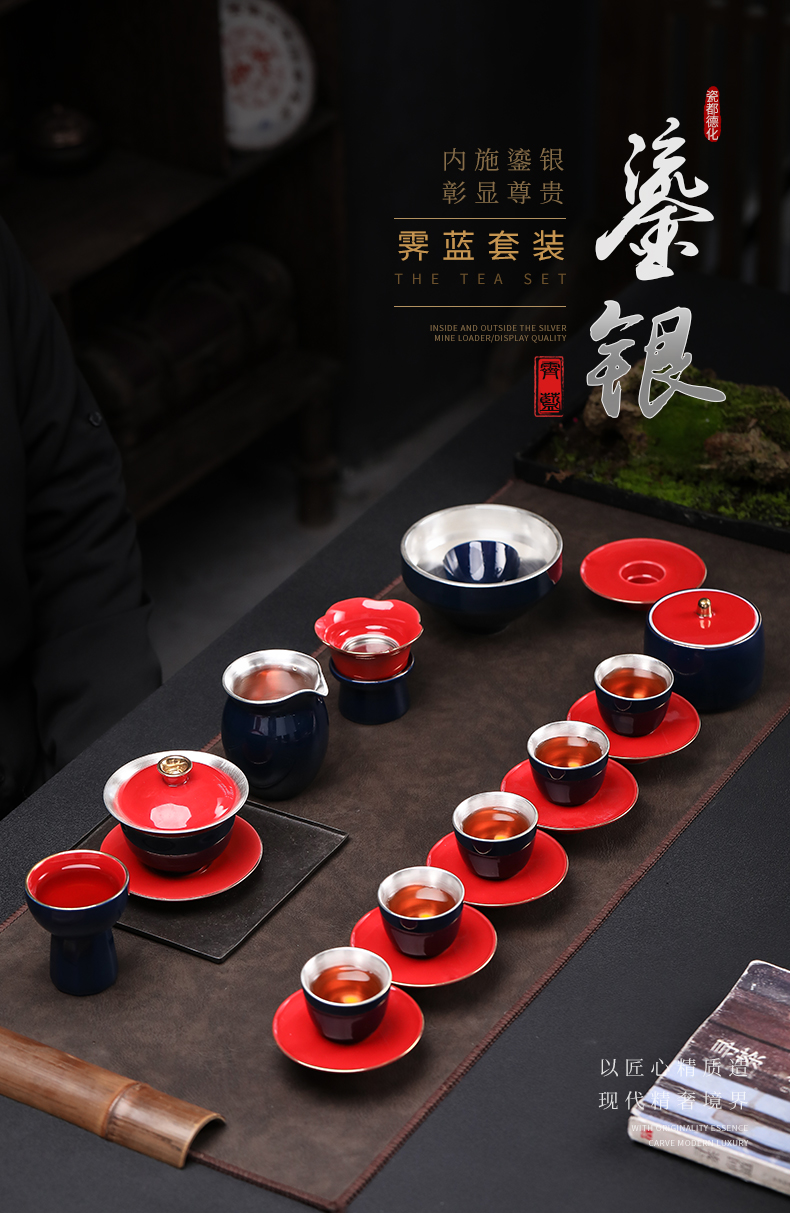 Tasted silver gilding ji 999 blue red tea set household jingdezhen ceramic kung fu tea tea tureen teapot