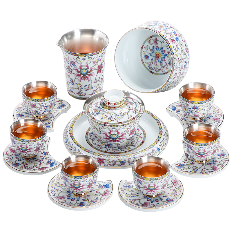 Pure silver colored enamel coppering. As kung fu tea set of a complete set of jingdezhen ceramic silver tureen tea teapot silver cup