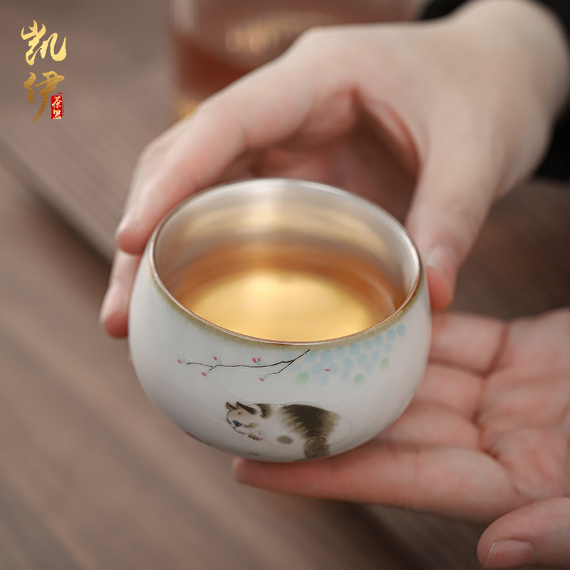 Tasted silver gilding on your up hand - made master cup sample tea cup of jingdezhen ceramic cat kung fu tea set silver cup tea cups