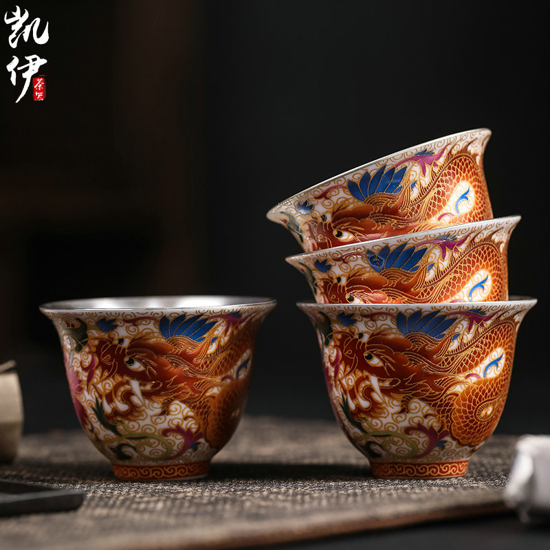 Colored enamel auspicious Long Liu kung fu tea cups sample tea cup silver cup jingdezhen ceramic cup tea masters cup
