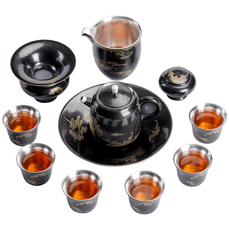 Temmoku coppering. As silver tea set household jingdezhen ceramic kung fu tea tea tureen teapot silver cup