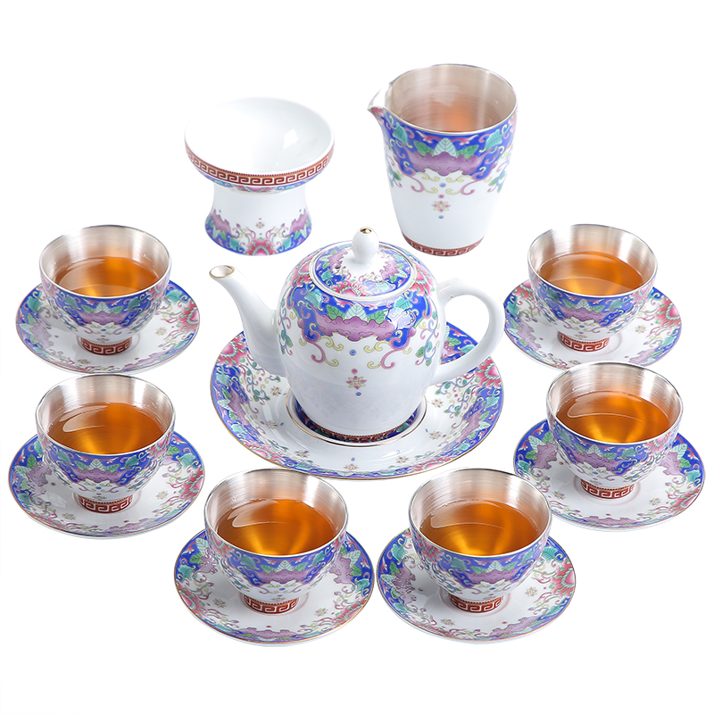 Butterfly flower is tasted silver gilding kung fu tea sets jingdezhen ceramic tea set silver home office tea tureen gifts