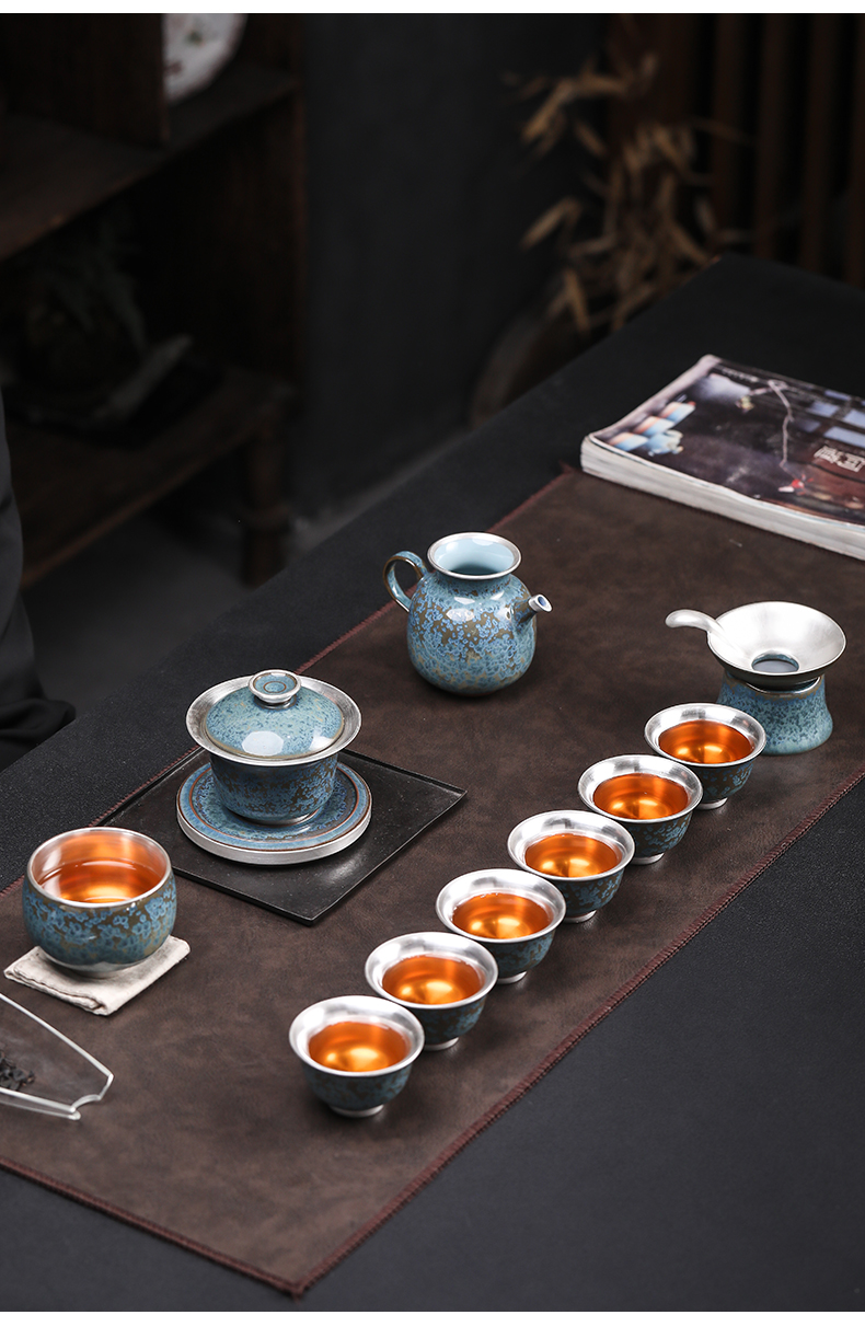 Taiwan floating cui aquamarine temmoku up gold silver cup spot ceramic kung fu tea set sample tea cup tea master silver cup