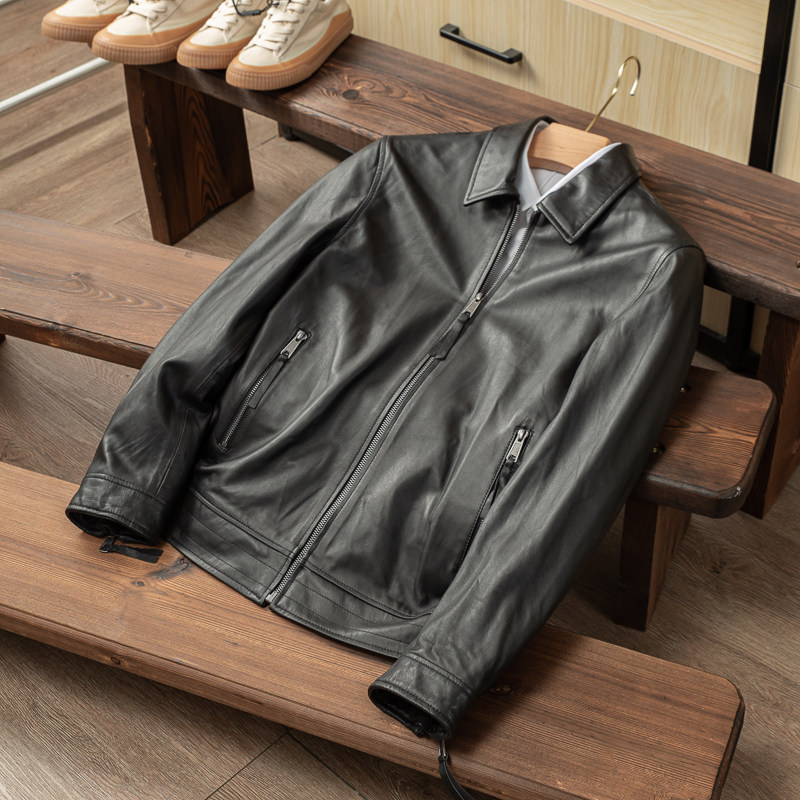 Walk the day single men's leather leather jacket sheepskin Japanese antique classic simple business casual lapel leather jacket