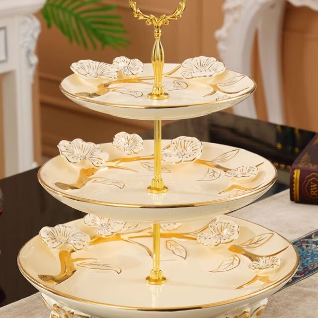 Thick Gold Rose Plate with Electroplated Accessories, Metal Hanging Rack, Multi-Layer Tray, Three-Tier Dessert Stand, Porcelain Fruit Plate Stand Thick Gold Rose Plate with Electroplated Accessories, Metal Hanging Rack, Multi-Layer Tray, Three-Tier Dessert Stand, Porcelain Fruit Plate Stand