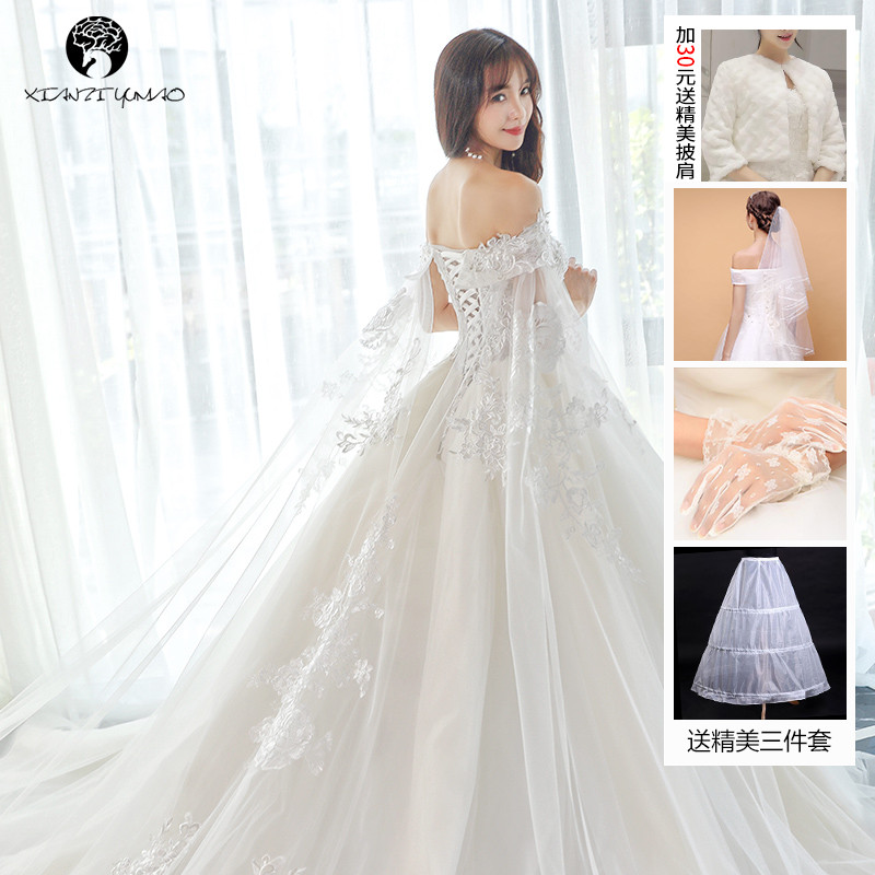 Wedding 2020 mới một từ vai cô dâu váy Sen là siêu giấc mơ thần tiên kéo đuôi sang trọng khí sang trọng người đàn ông nhỏ