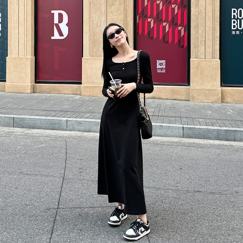 Black Long-Sleeved Dress 2023 New Style for Women, Autumn and Winter, High-End Feel, Inner Layer, Long Dress for Tall People, Reaching the Ankles