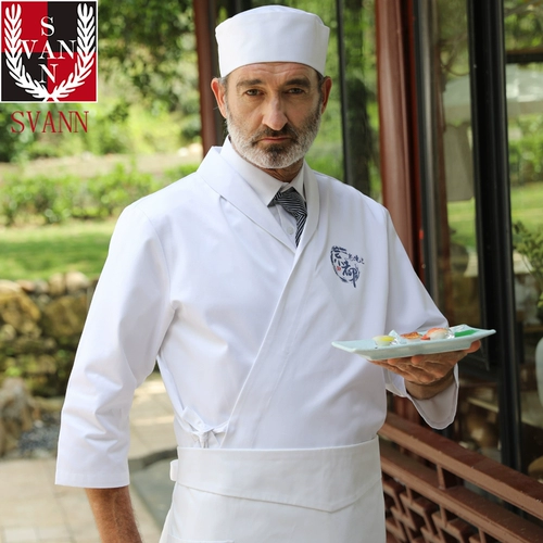 Японские повара кимоно, седьмой рукав чистый белый лацкат зеленый фруктовый воротник Приготовление суши 鮨 Магазин Sashimi Shop Work Old