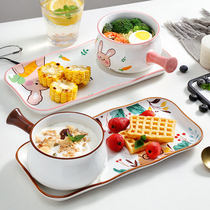 Japanese-style childrens breakfast ceramic handle bowl cute creative personality household good-looking single baby steamed egg bowl set