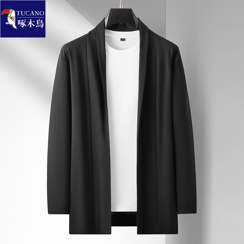 Woodpecker Plus Size Cardigan Jacket for Men, Spring/Summer New Style, Loose Fit, Stretchy Trench Coat, Men's Mid-Length Cape Top