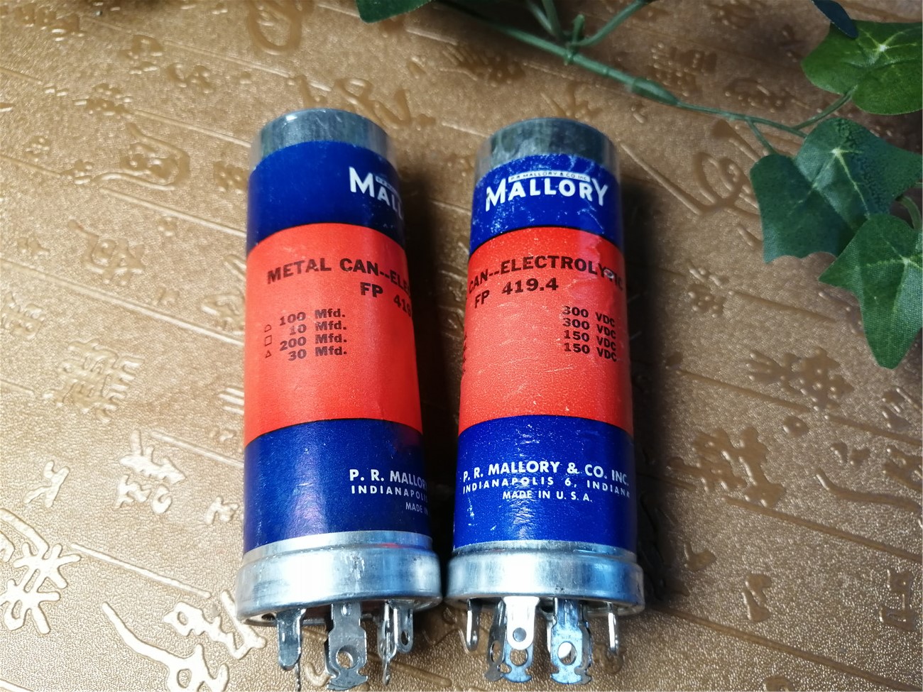 Moroli red and blue sticker MALLORY FP 100UF 300V antique pre-filter capacitor pair price