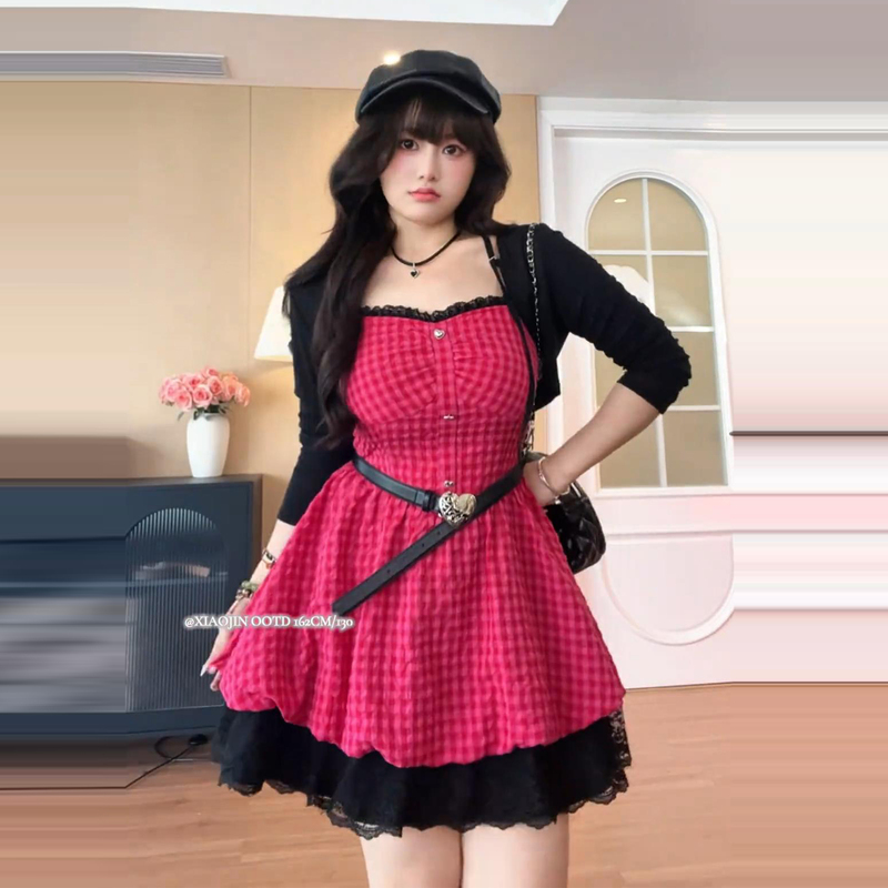 Plus-Size Retro Sweet and Spicy Style Patterned Dress for Women, Summer Slimming Millennium Subculture Waist-Cinching Spaghetti Strap Short Dress