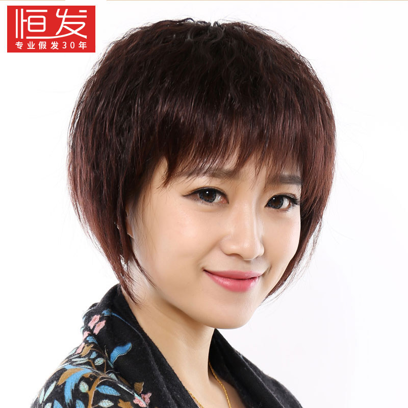 Wig woman short hair short curly hair full headgear round face Old-aged mother live-action hair real hair corn hot hair set-Taobao