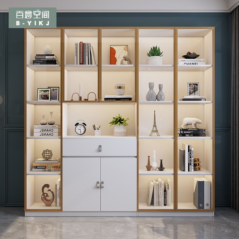 Light Lavish Glass Door Bookcase Shelves Nordic Bookcase Collection Cabinet Home Floor Leaning Wall Books Overall Closet Cupboard Display Cabinet