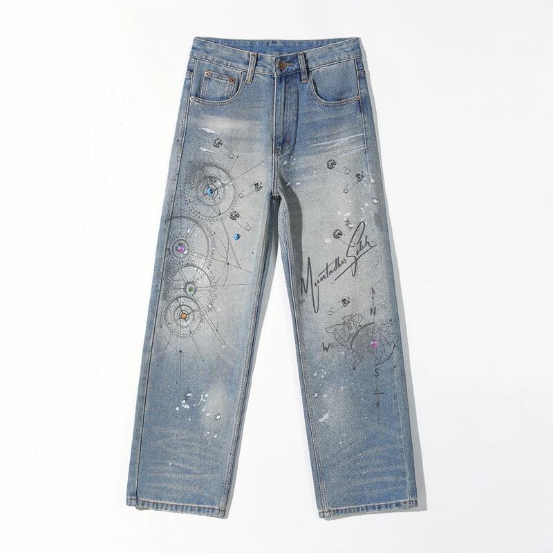 Vintage Distressed Mechanical Gear Print Jeans for Men and Women, Heavy-Duty Splatter Ink Loose Straight Wide-Leg Floor-Length Pants Vintage Distressed Mechanical Gear Print Jeans for Men and Women, Heavy-Duty Splatter Ink Loose Straight Wide-Leg Floor-Length Pants