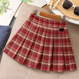 女童半身裙百褶裙秋冬新款儿童新年红色格子百搭短裙女孩裙子冬季