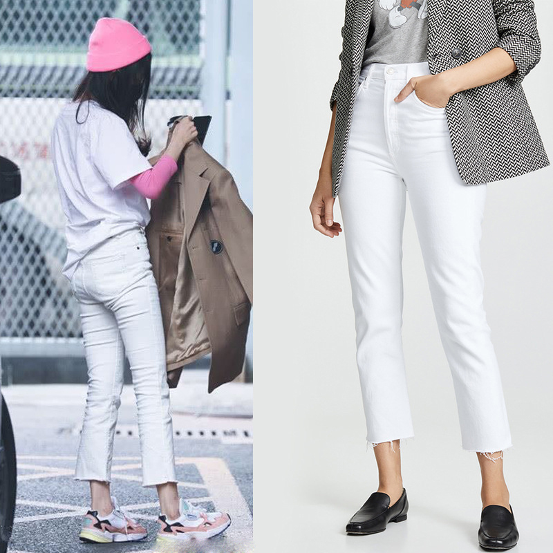 Clearance Sale: Agolde White Cropped High-Waisted Straight-Leg Jeans with Frayed Edges, Same Style as Yang Mi, for Women