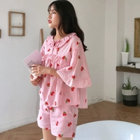 Có thể mặc chất lượng cao tay áo phồng cotton và vải lanh thêu anh đào cổ áo cà vạt dễ thương phù hợp với quần short nữ mùa thu bộ dài tay 