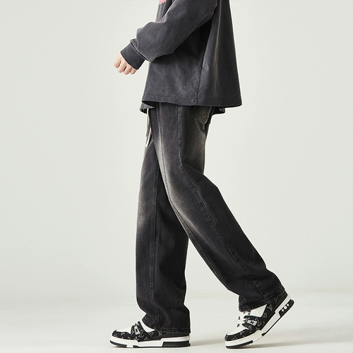 Джинсы, осенние весенние штаны, в американском стиле, свободный прямой крой, эластичная талия, в корейском стиле