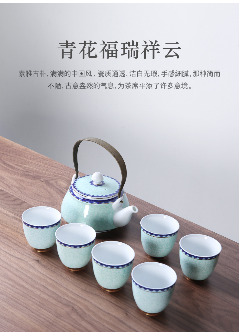 Three thousand make tea tea teapot teacup suit of blue and white porcelain archaize manual girder household ceramics large teapot