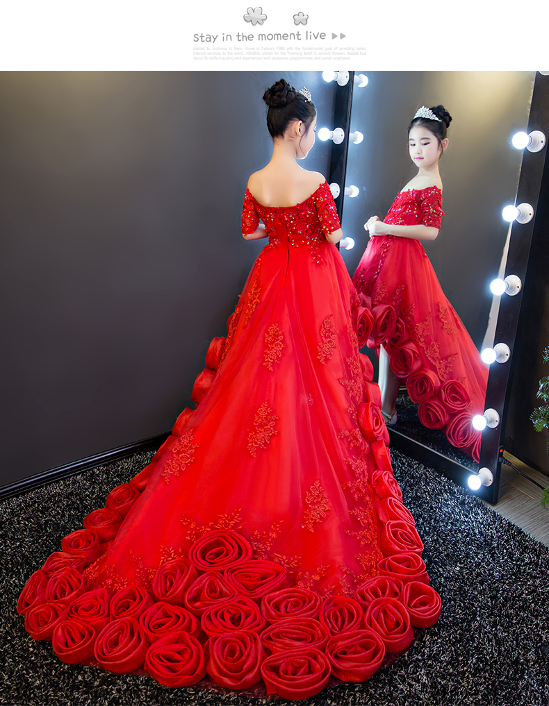 Váy cưới trẻ em đuôi đỏ fluffy cô gái cao cấp váy dạ hội mô hình trình diễn catwalk công chúa mùa đông đồ bé gái