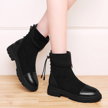 Slim Skinny Boots Inlen Wind Autumn Winter Women Boots 2021 New Fashion Short Boots Thick Bottom Suede Plus Suede Genuine Leather Mid-Cylinder Boots