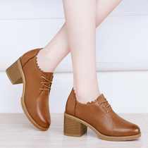 Coarse Heel Leather Shoes Spring Autumn 2021 New Middle Heel Brown Lacing High Heel Shoe Soft Leather Comfort Mom Deep Stomp Shoes