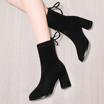Elastic Skinny Boots Woman High Heel 2022 New Autumn Winter Women Boots Rear Strap 100 Lap Shoes Slim Suede Short Boots