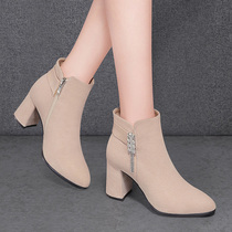 Beige Short Boots Woman Coarse Heel 2022 New Spring Autumn Winter Shoe Suede 100 Lap Shoes Flip Fur Frosted High Heels