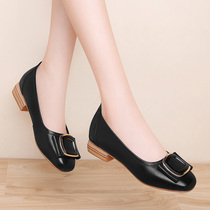Mid-heel single shoes womens spring light color 2021 New Four Seasons ladling shoes coarse heel square head small leather shoes soft leather milk shoes