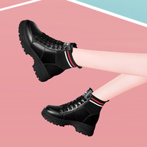 Small sub Martin boots Genuine Leather Black 2021 New Spring Autumn Single Boots Coarse heel Elastic Wool-mouth Short Boots Woman